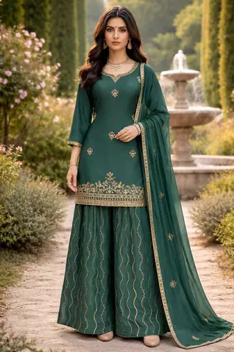 Peacock green chinon silk full stitched free size palazzo suits upto 42