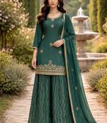 Peacock green chinon silk full stitched free size palazzo suits upto 42