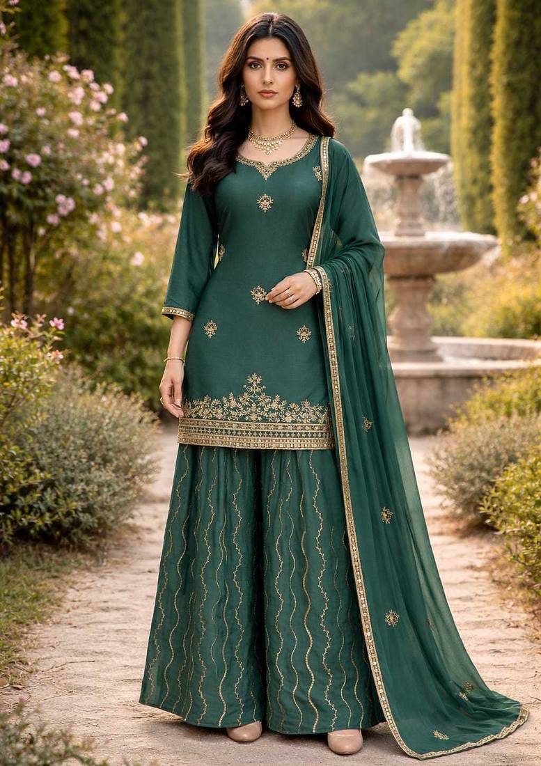 Peacock green chinon silk full stitched free size palazzo suits upto 42
