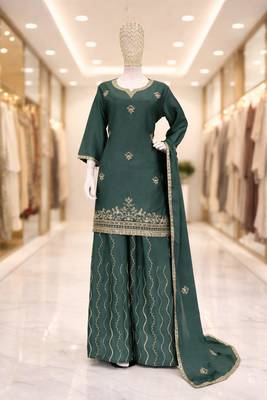Peacock green chinon silk full stitched free size palazzo suits upto 42 2
