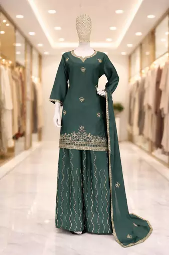 Peacock green chinon silk full stitched free size palazzo suits upto 42