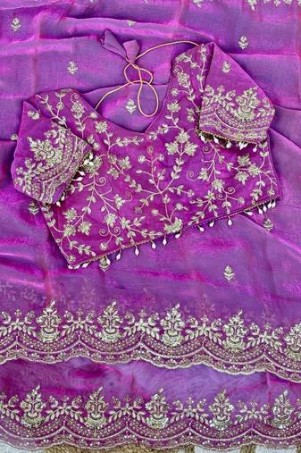 Magenta Color embroidery sequence border work Chiffon Saree