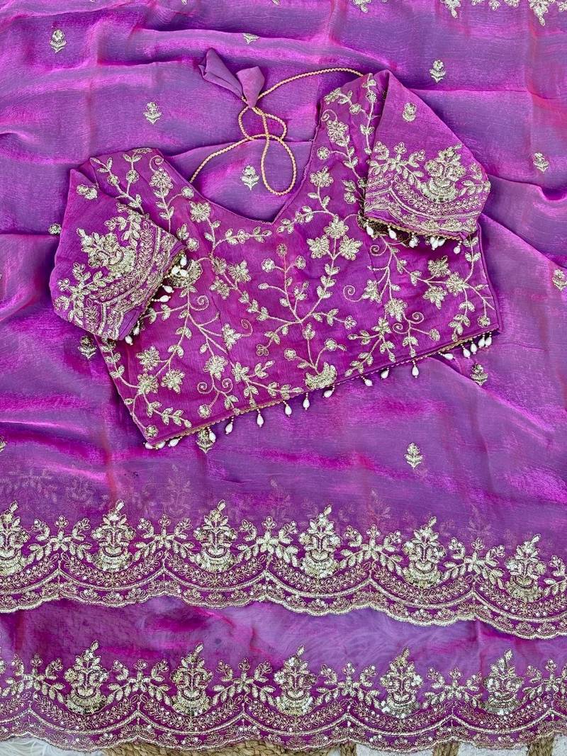 Magenta Color embroidery sequence border work Chiffon Saree