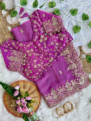 Magenta Color embroidery sequence border work Chiffon Saree 2