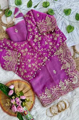 Magenta Color embroidery sequence border work Chiffon Saree