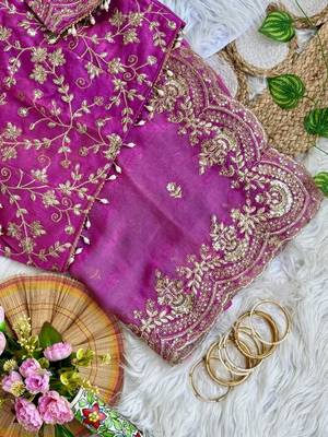 Magenta Color embroidery sequence border work Chiffon Saree 3