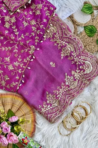 Magenta Color embroidery sequence border work Chiffon Saree