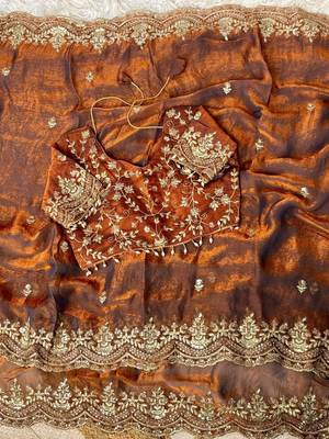Orange color embroidery sequence border work Chiffon Saree 1