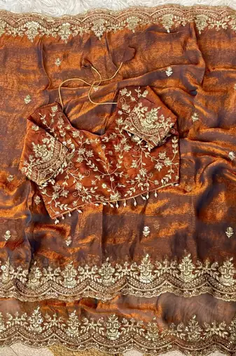 Orange color embroidery sequence border work Chiffon Saree