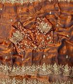 Orange color embroidery sequence border work Chiffon Saree