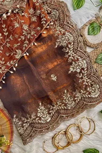 Orange color embroidery sequence border work Chiffon Saree