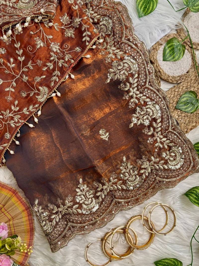 Orange color embroidery sequence border work Chiffon Saree