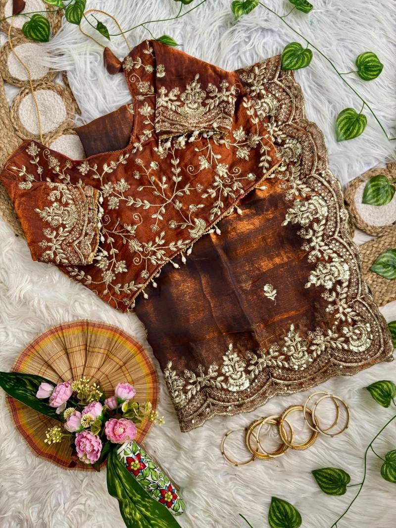 Orange color embroidery sequence border work Chiffon Saree