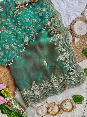 Sea Green color embroidery sequence border work Chiffon Saree 2