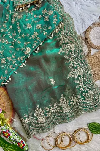Sea Green color embroidery sequence border work Chiffon Saree