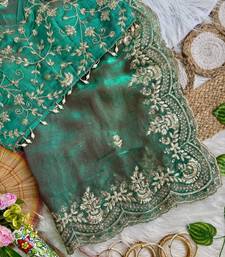Sea Green color embroidery sequence border work Chiffon Saree