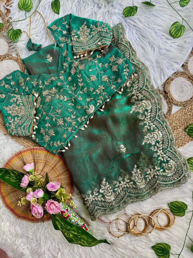 Sea Green color embroidery sequence border work Chiffon Saree