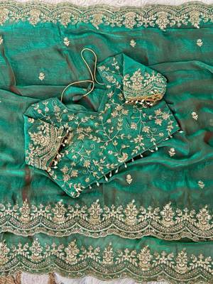Sea Green color embroidery sequence border work Chiffon Saree 3
