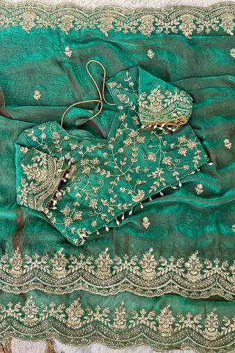 Sea Green color embroidery sequence border work Chiffon Saree