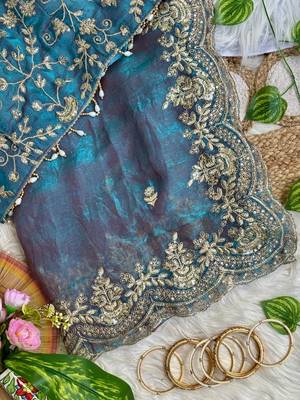 Turqoise Color embroidery sequence border work Chiffon Saree 2