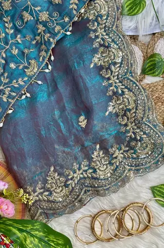 Turqoise Color embroidery sequence border work Chiffon Saree