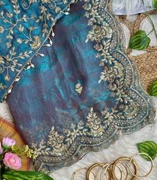 Turqoise Color embroidery sequence border work Chiffon Saree