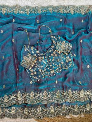 Turqoise Color embroidery sequence border work Chiffon Saree 3