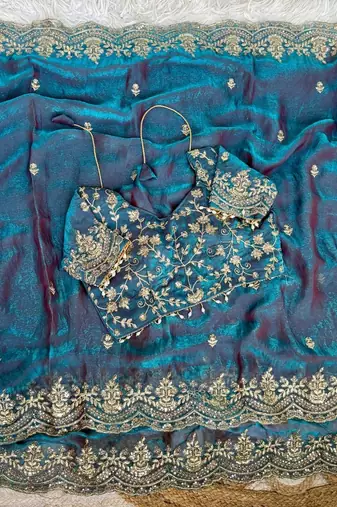 Turqoise Color embroidery sequence border work Chiffon Saree