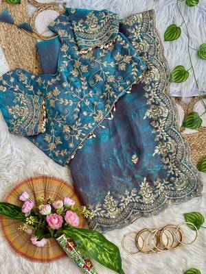 Turqoise Color embroidery sequence border work Chiffon Saree 1