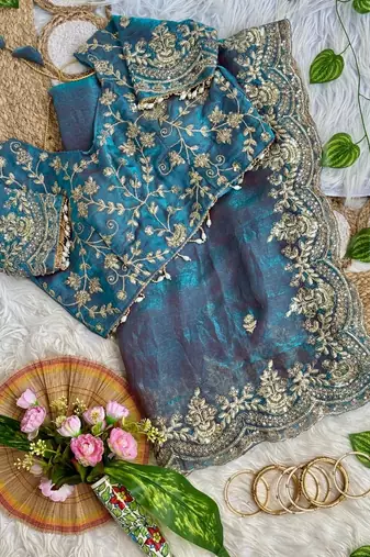 Turqoise Color embroidery sequence border work Chiffon Saree