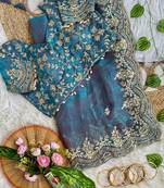 Turqoise Color embroidery sequence border work Chiffon Saree