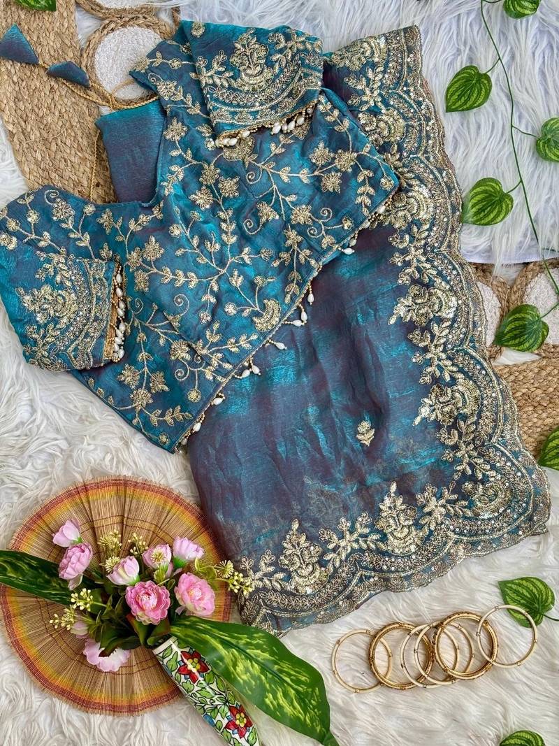 Turqoise Color embroidery sequence border work Chiffon Saree