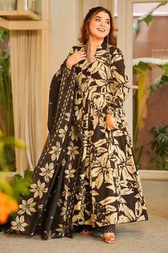 Black maslin cotton party wear digital print suit set