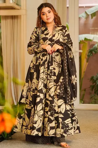 Black maslin cotton party wear digital print suit set