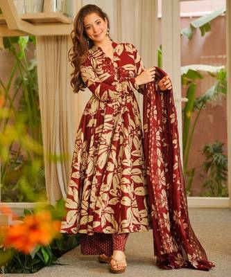 Red maslin cotton party wear digital print suit set 1