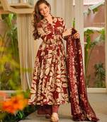 Red maslin cotton party wear digital print suit set