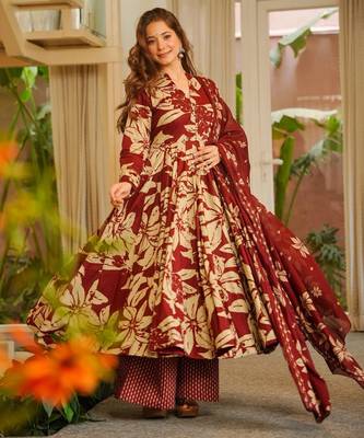 Red maslin cotton party wear digital print suit set 2
