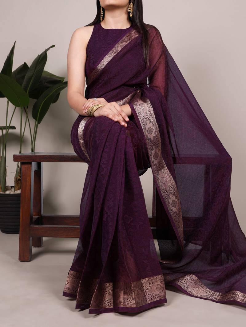 Wine Color Zari Weaving Work 