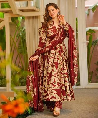 Red maslin cotton party wear digital print suit set 3
