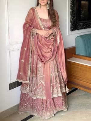 PINK SIMMIR SILK PARTY WEAR EMBROIDERY CROP TOP  WITH BLOUSE LEHENGA CHOLI 2