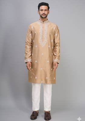 chiku silk kurta pant set with gold embroidered work 1