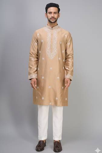 chiku silk kurta pant set with gold embroidered work