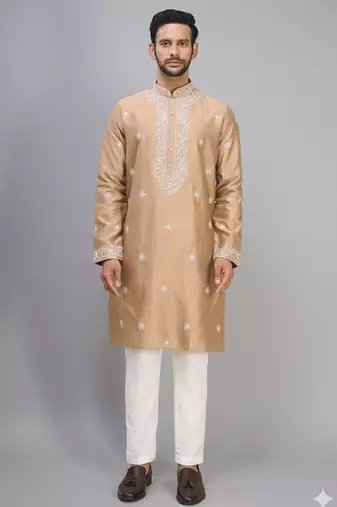 chiku silk kurta pant set with gold embroidered work