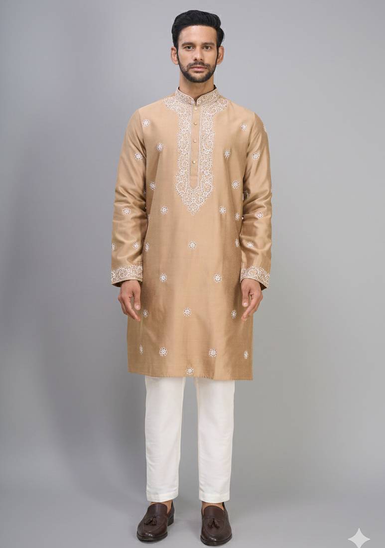 chiku silk kurta pant set with gold embroidered work