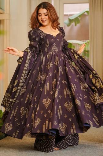 Purple maslin cotton party wear digital print suit set