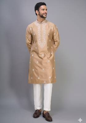 chiku silk kurta pant set with gold embroidered work 2