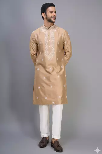 chiku silk kurta pant set with gold embroidered work