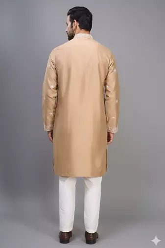 chiku silk kurta pant set with gold embroidered work