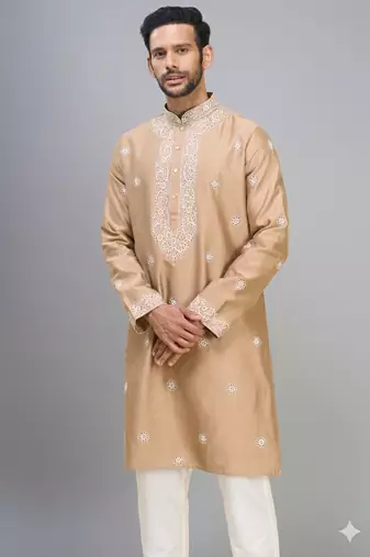 chiku silk kurta pant set with gold embroidered work