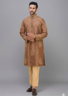 coffee silk kurta pant set with embroidered design 1